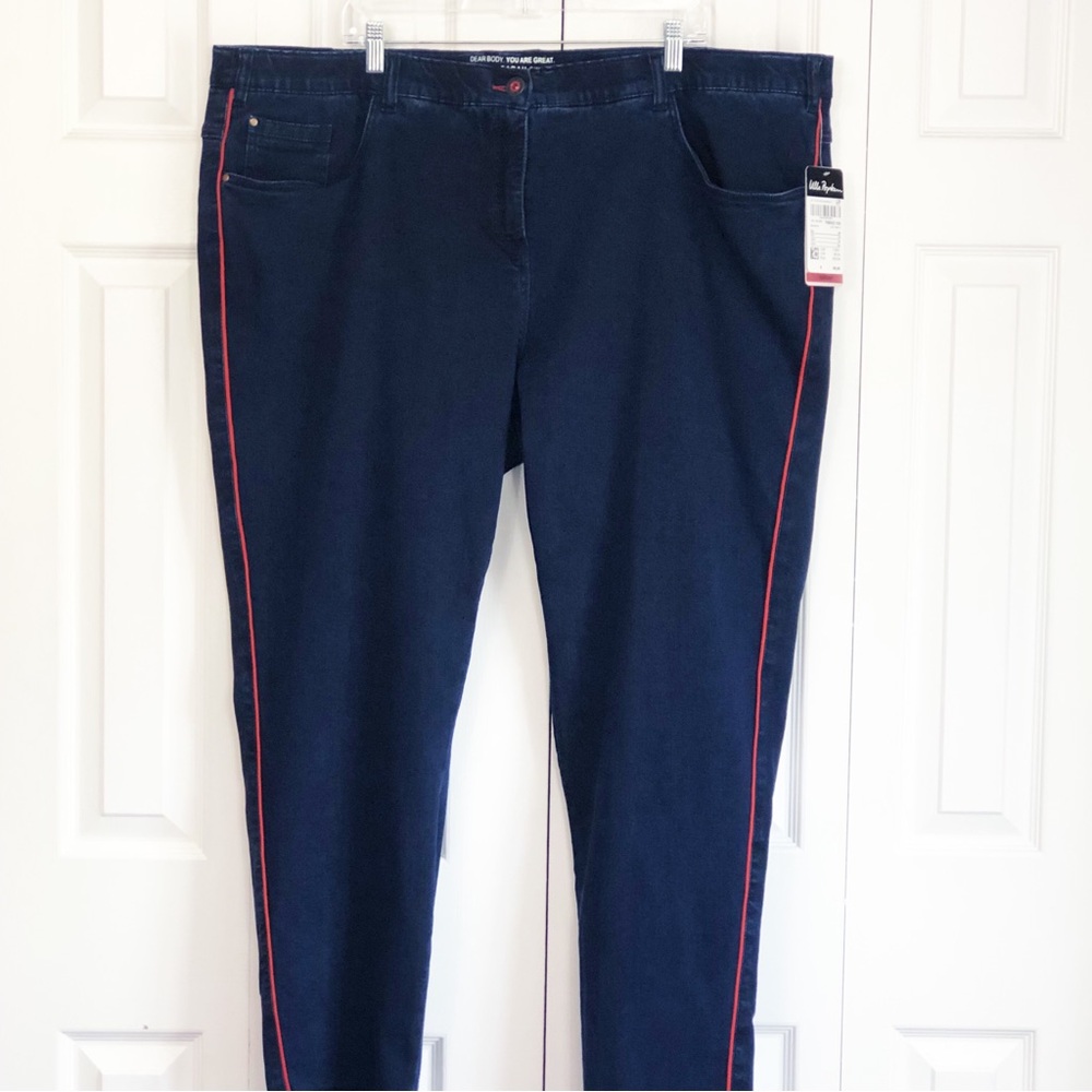 NWT Ulla Popken Dark Denim Red Racing Stripe Sarah Skinny Jeans 26S